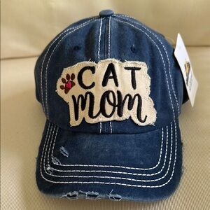 Cat Mom Distressed Denim Cap nwt